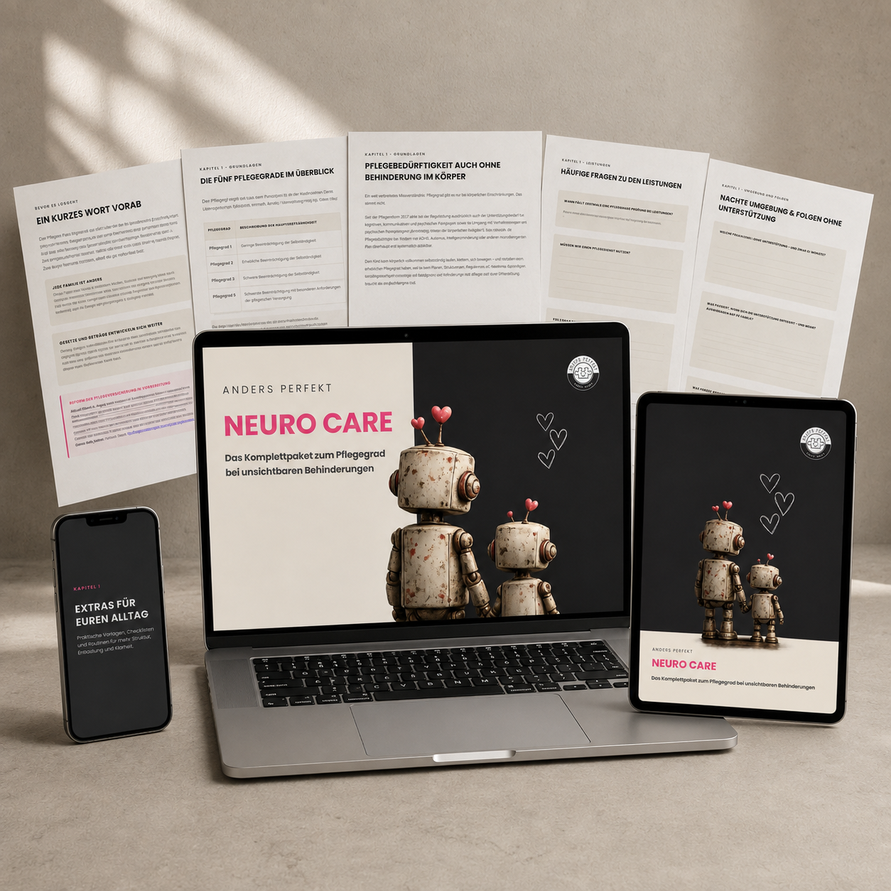 NEURO CARE Arbeitsbuch, Videokurs und KI-Assistenten auf Laptop und Tablet